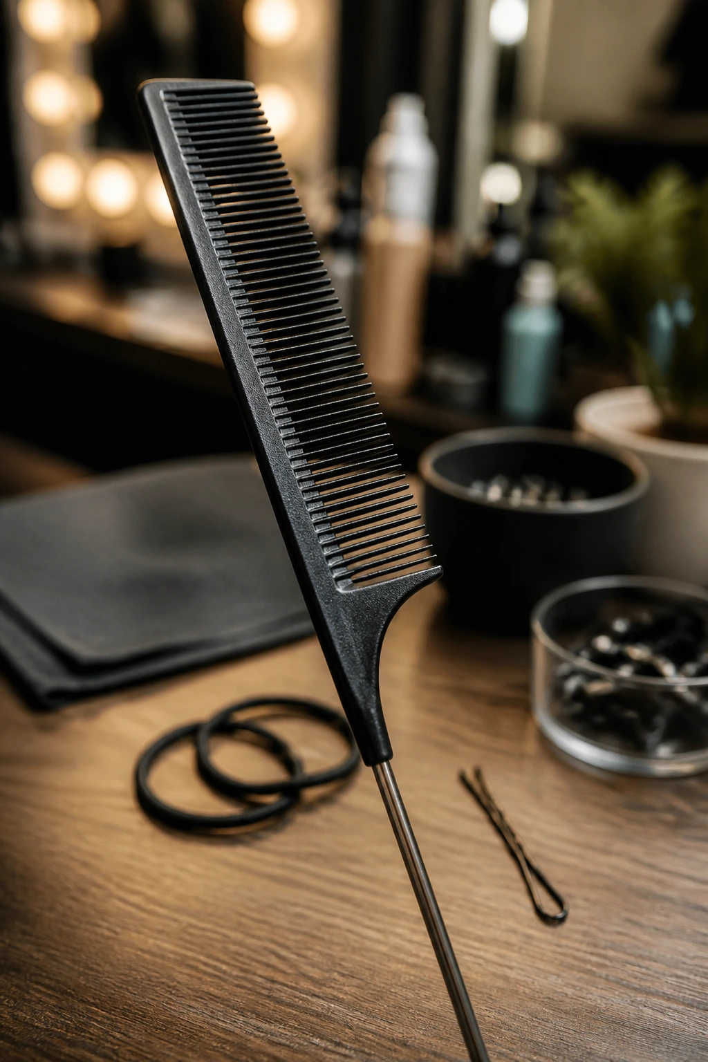 Macro close-up of a rat-tail comb with a blurred salon background