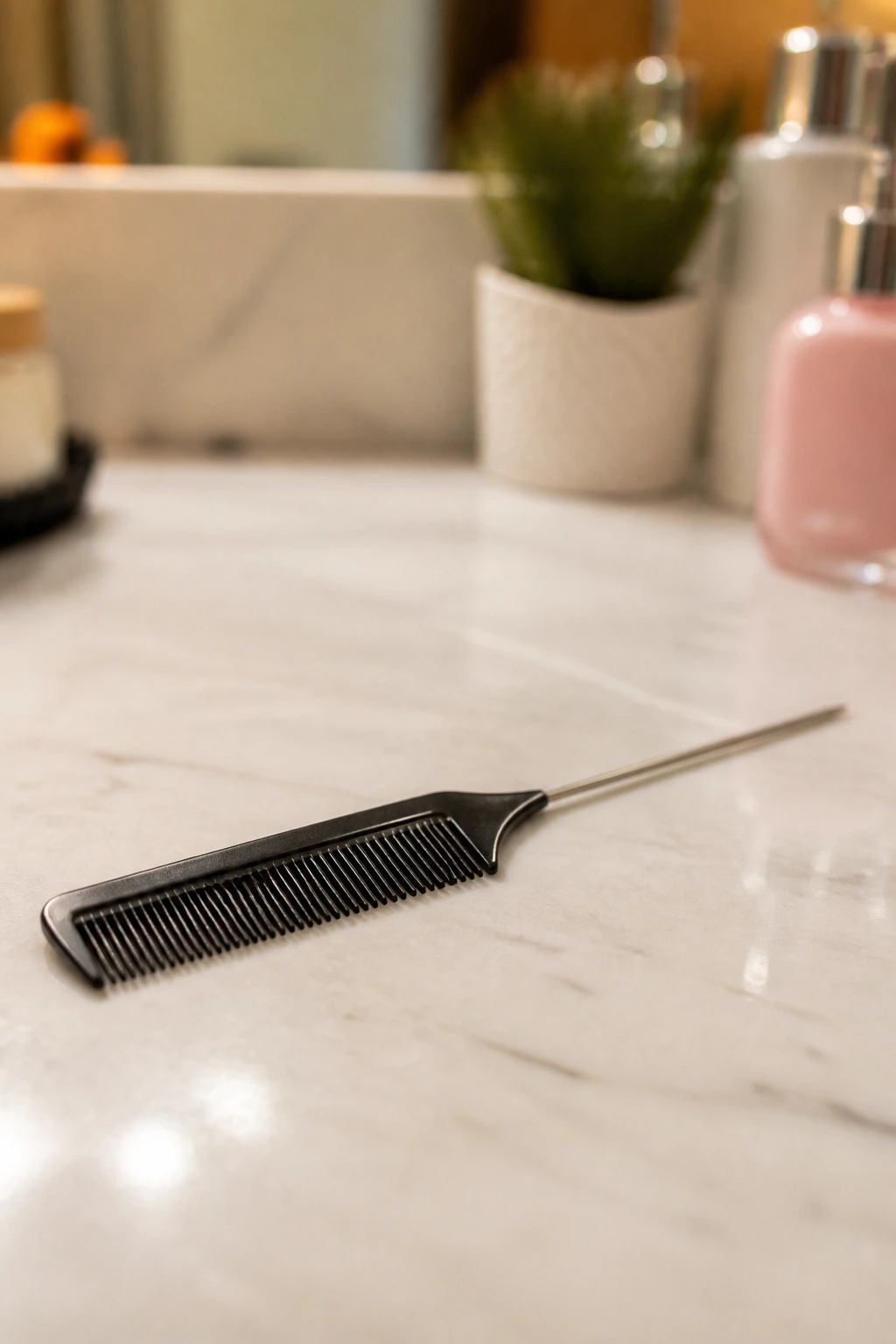 Close-up of a rat-tail comb dominating the frame on a bathroom counter.