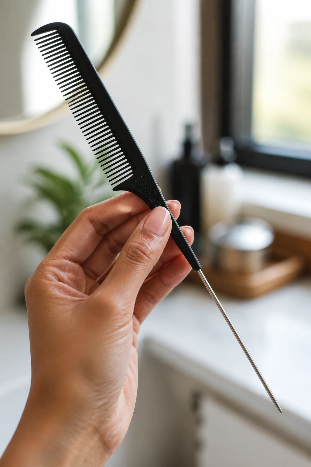 Close-up of rat-tail comb held in hand for hair styling