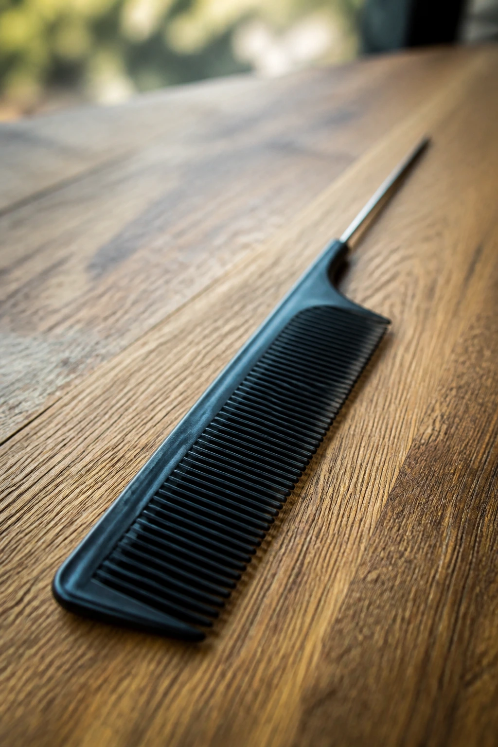 Close-up of rat-tail comb on wooden surface.
