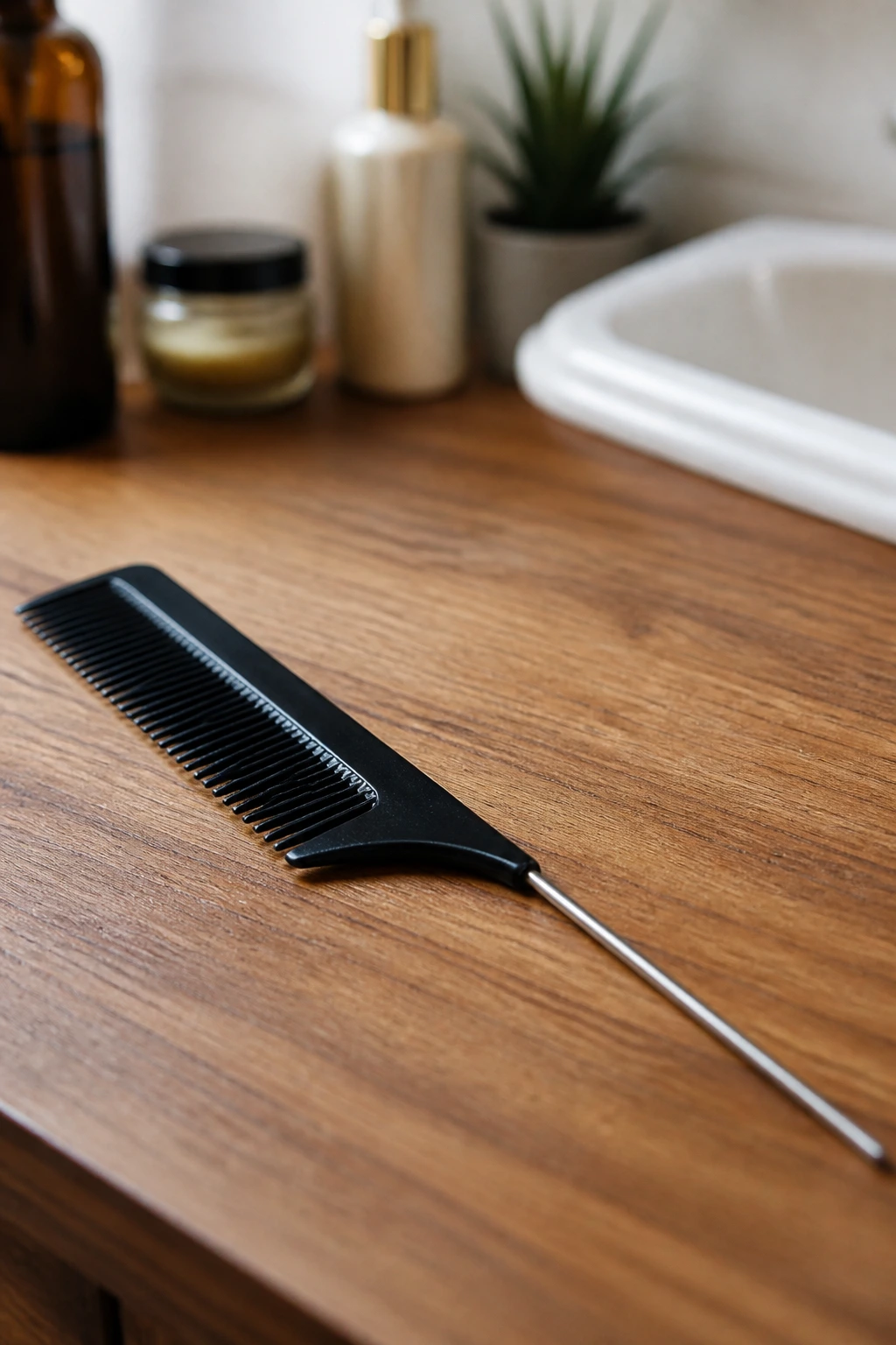 Macro close-up of rat-tail comb used for loc hawk styling on wooden surface.