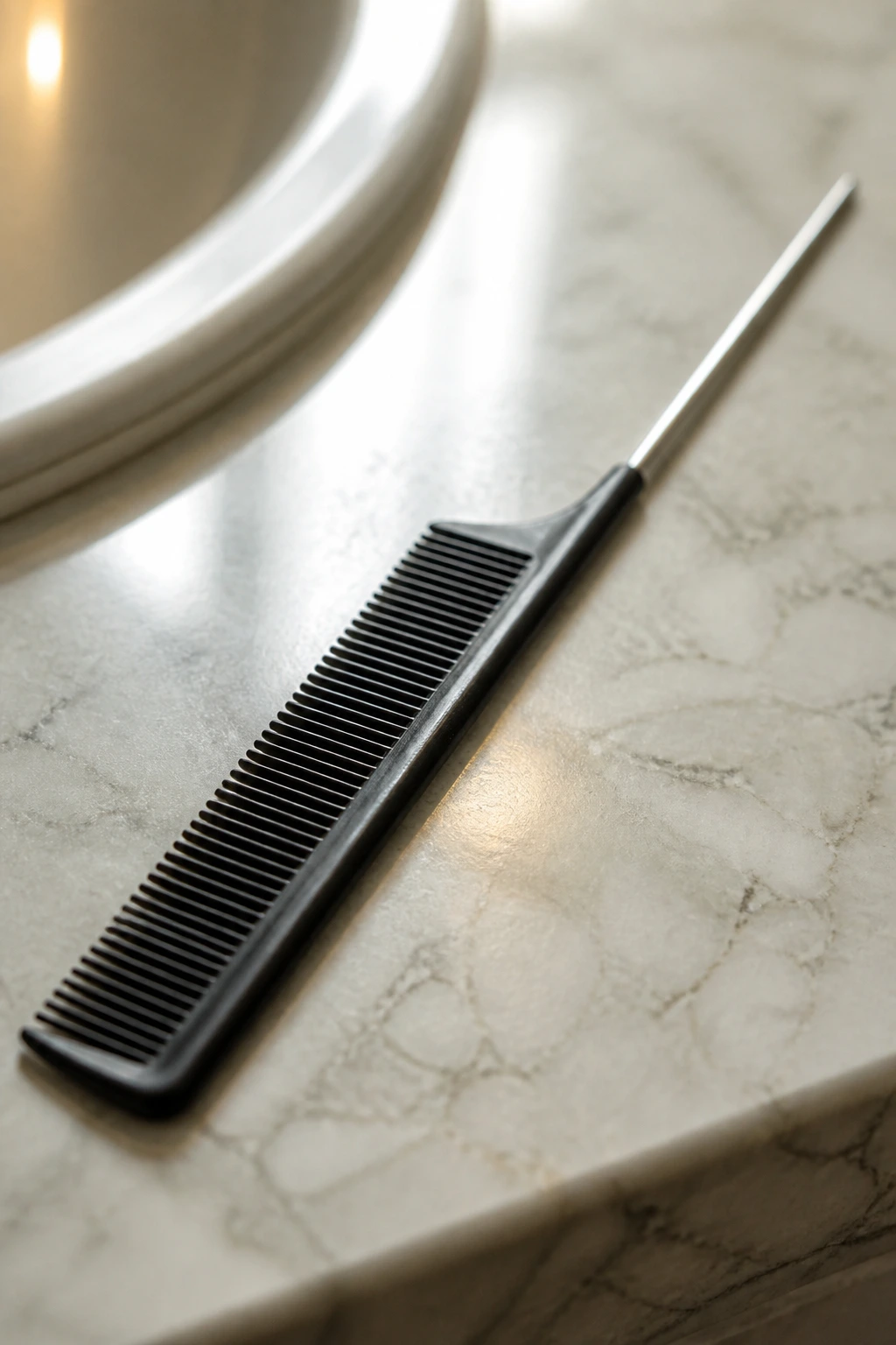 Close-up rat-tail comb on bathroom counter