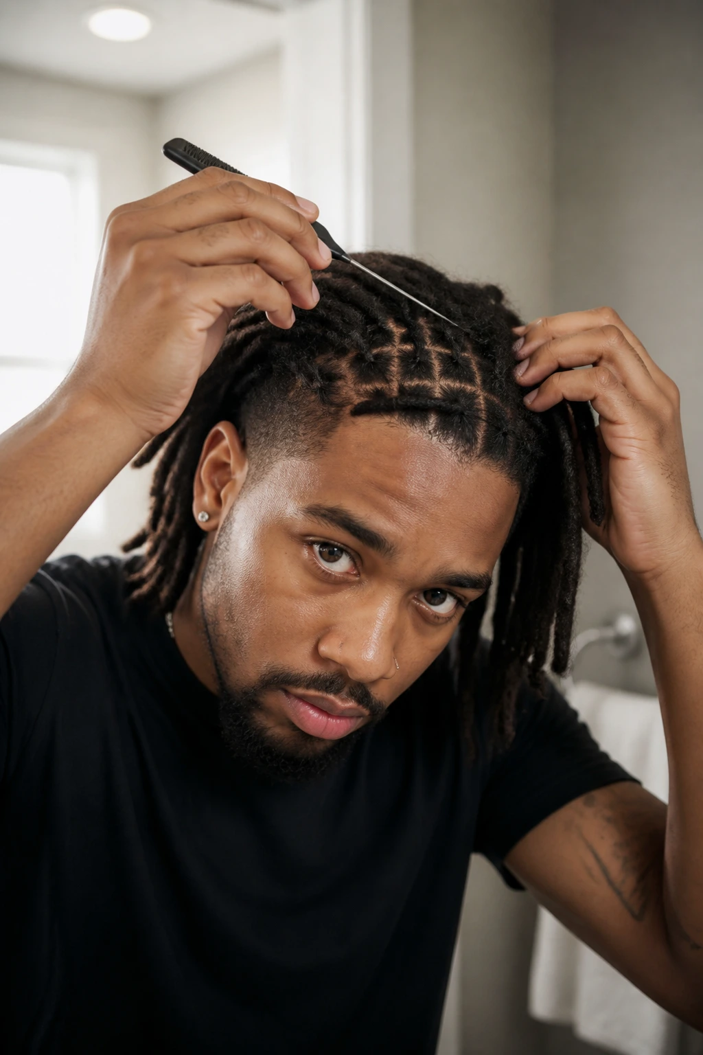 Close-up of a man using a rat-tail comb on locs