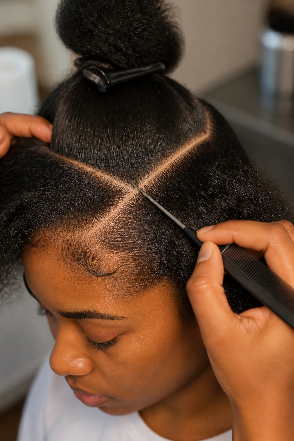 Rat-tail comb creating a clean part on long hair on a real person