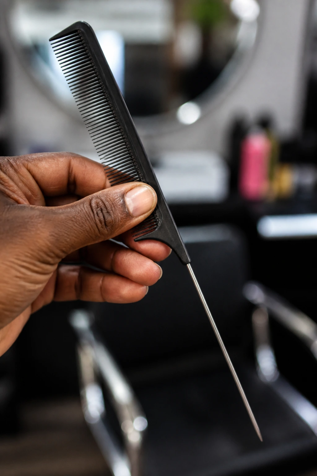 Macro close-up of a rat-tail comb used for jumbo box braids