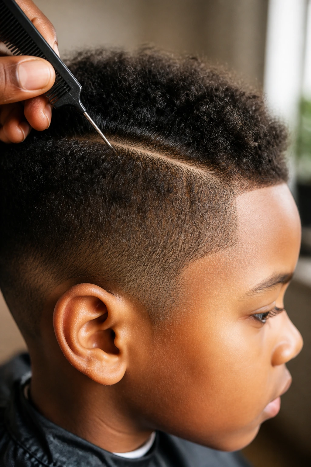 Close-up of a rat-tail comb parting a real boy's hair in a warm indoor setting.