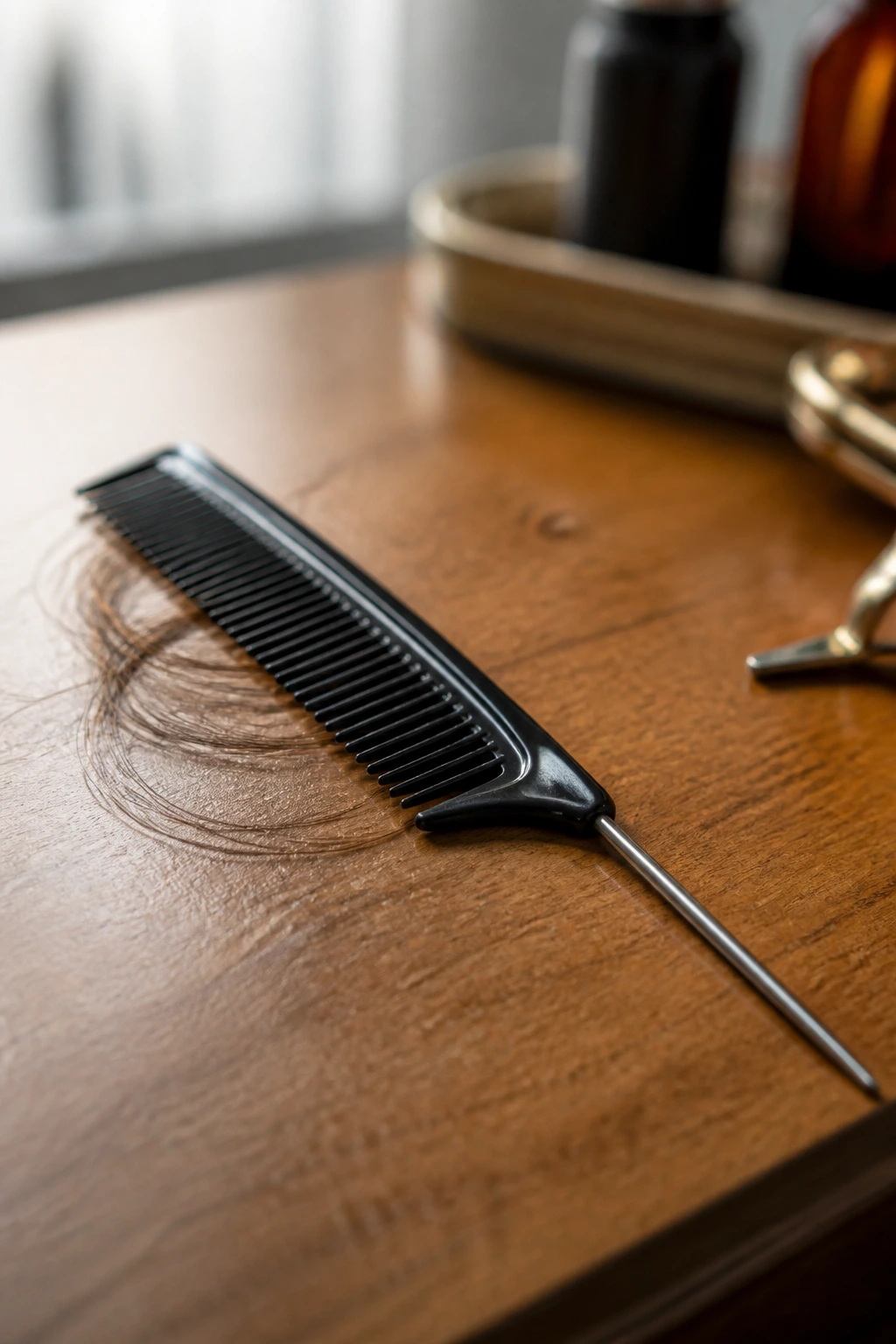 Close-up of a rat-tail comb on a wooden vanity with hair strands around the teeth, hinting at beehive styling.