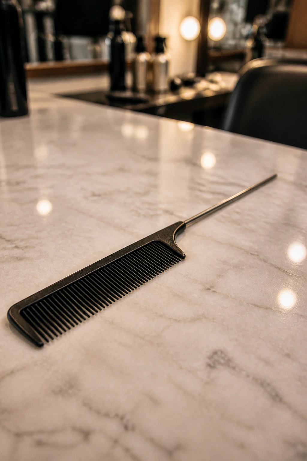 Close-up of a rat-tail comb on a salon counter in a real-world setting.