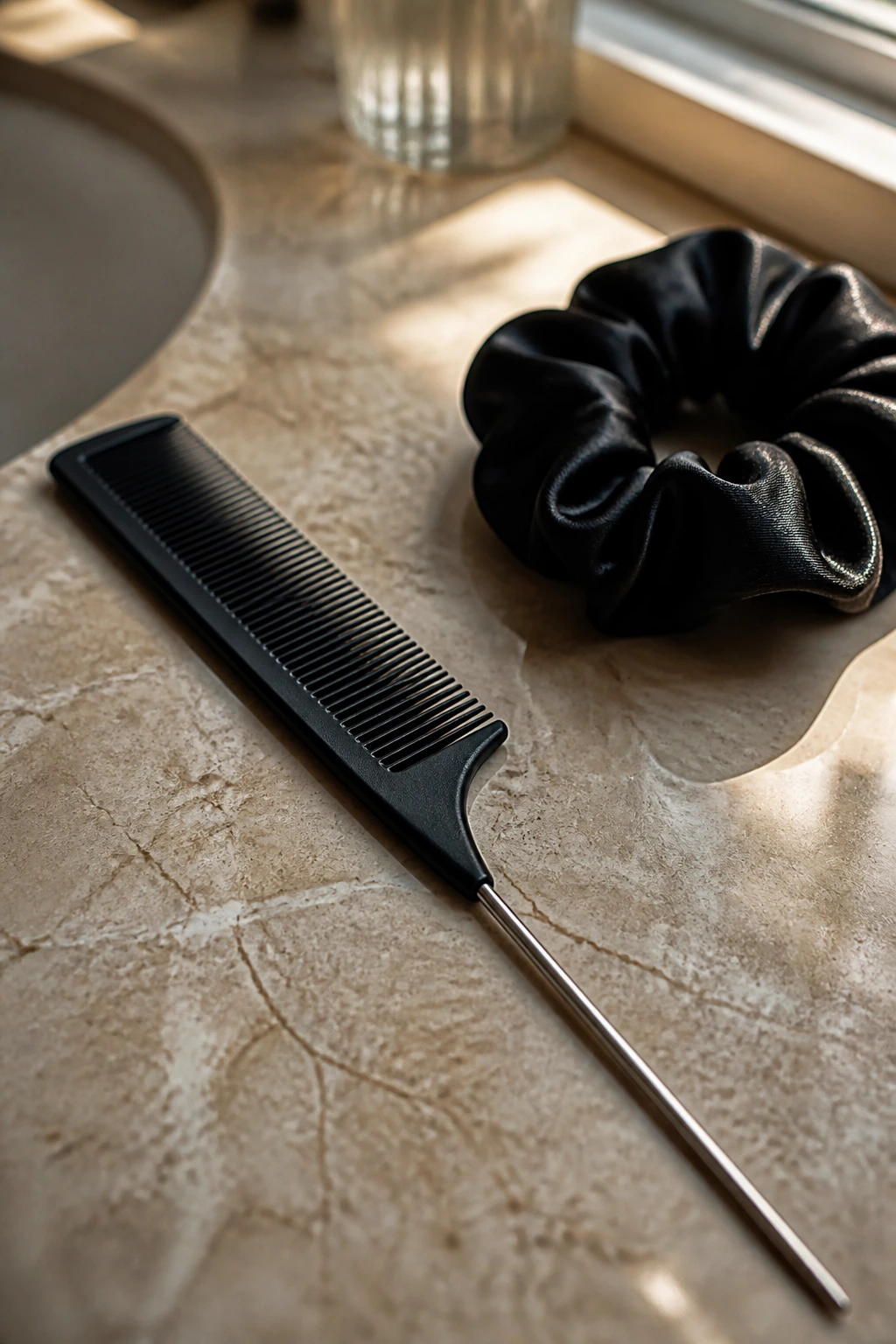 Close-up of rat-tail comb with satin scrunchie on bathroom counter, essential styling tools for long curls