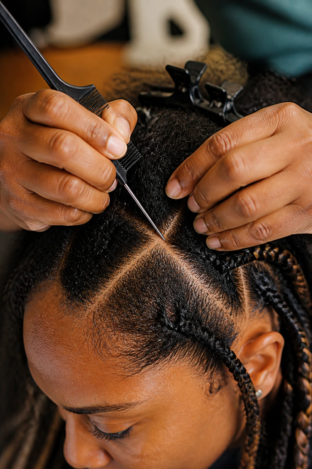 Close-up of hands using a rat-tail comb to part hair on a real person as cornrows are started