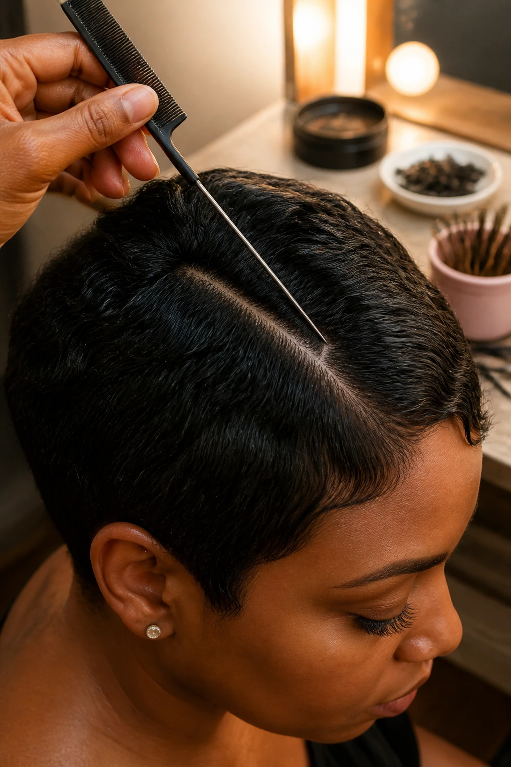 Close-up of a rat-tail comb and styling tools for braids on short hair.