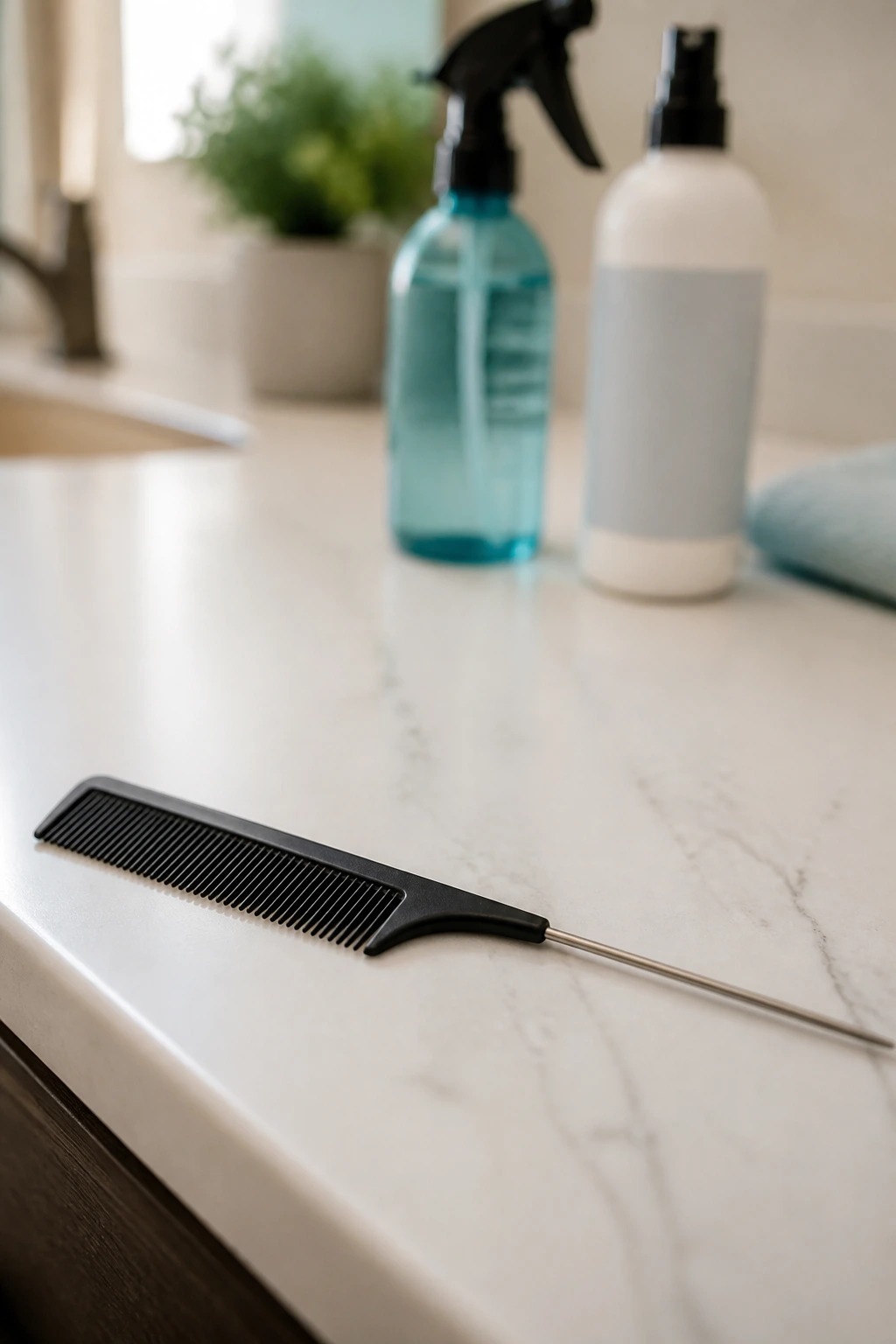 Close-up of a rat-tail comb on a counter with a spray bottle blurred in the background.