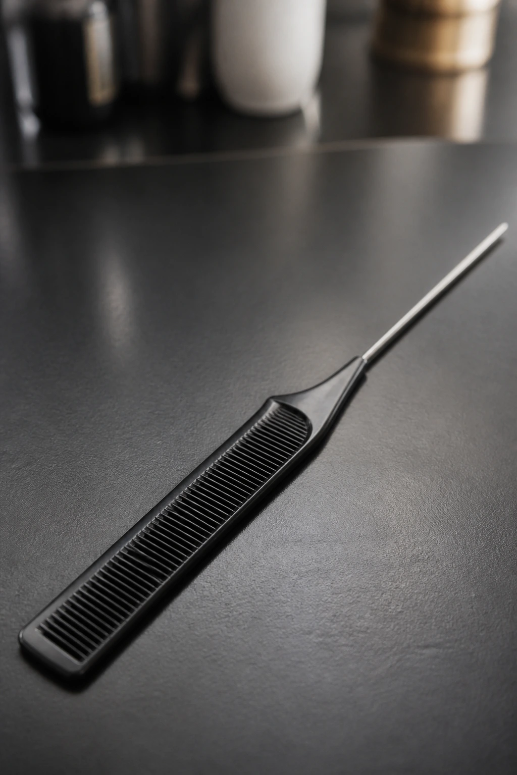Close-up of a rat-tail comb on a dark surface, tool for mohawk shaping