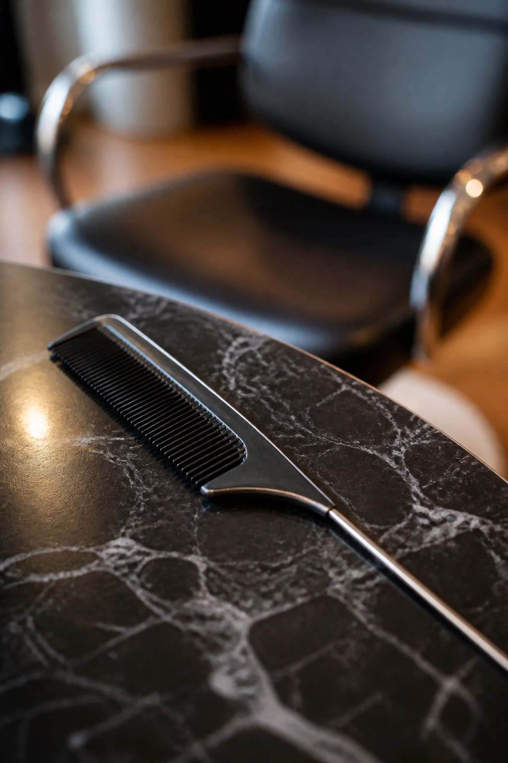 Close-up of a rat-tail comb on a salon surface