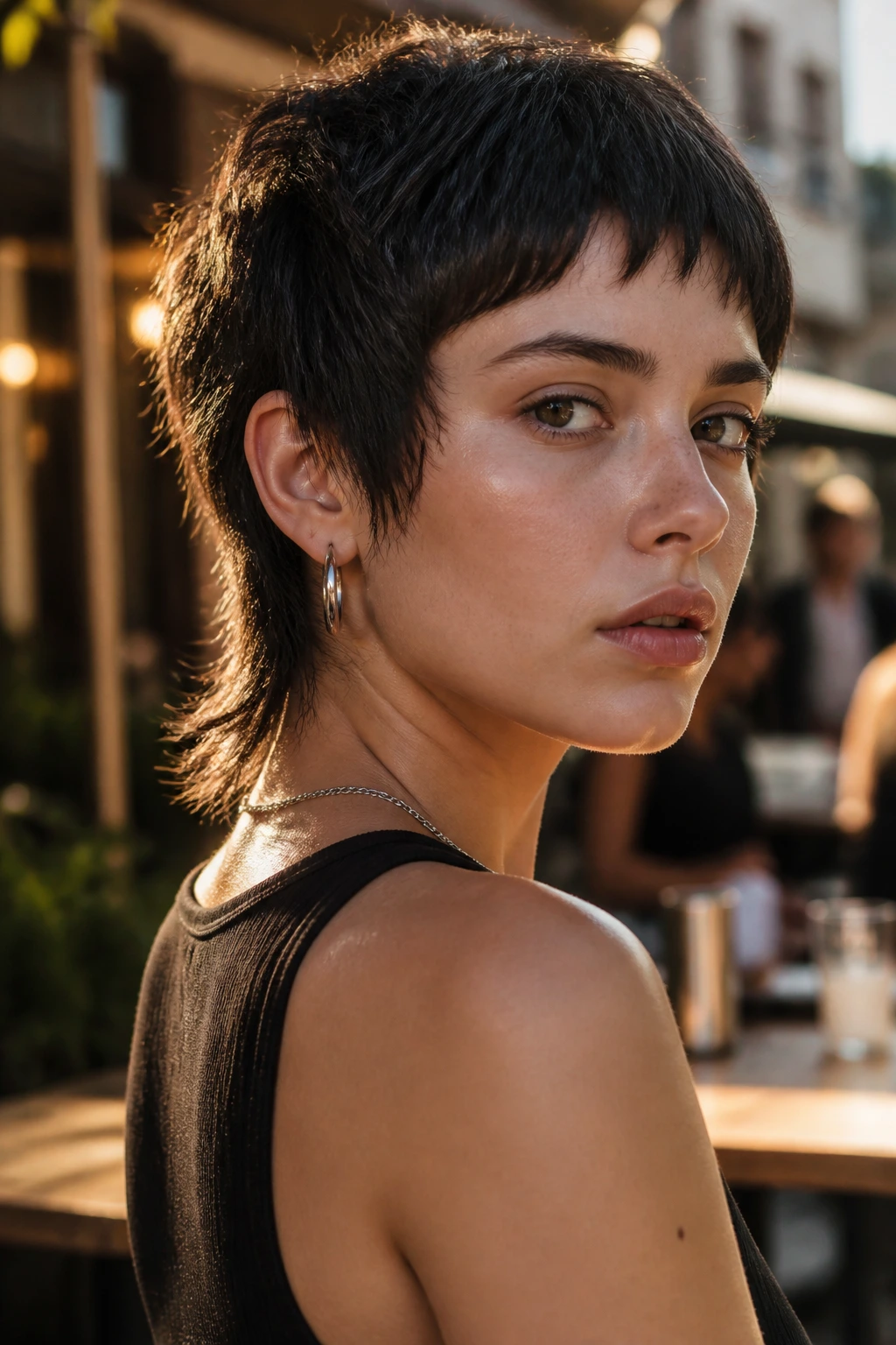 Portrait of a real person with a mini rat-tail wolf cut at the nape in golden hour light