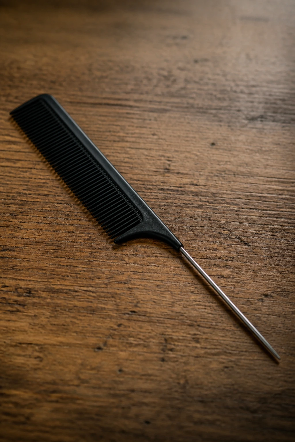Macro close-up of a rattail comb on wood surface