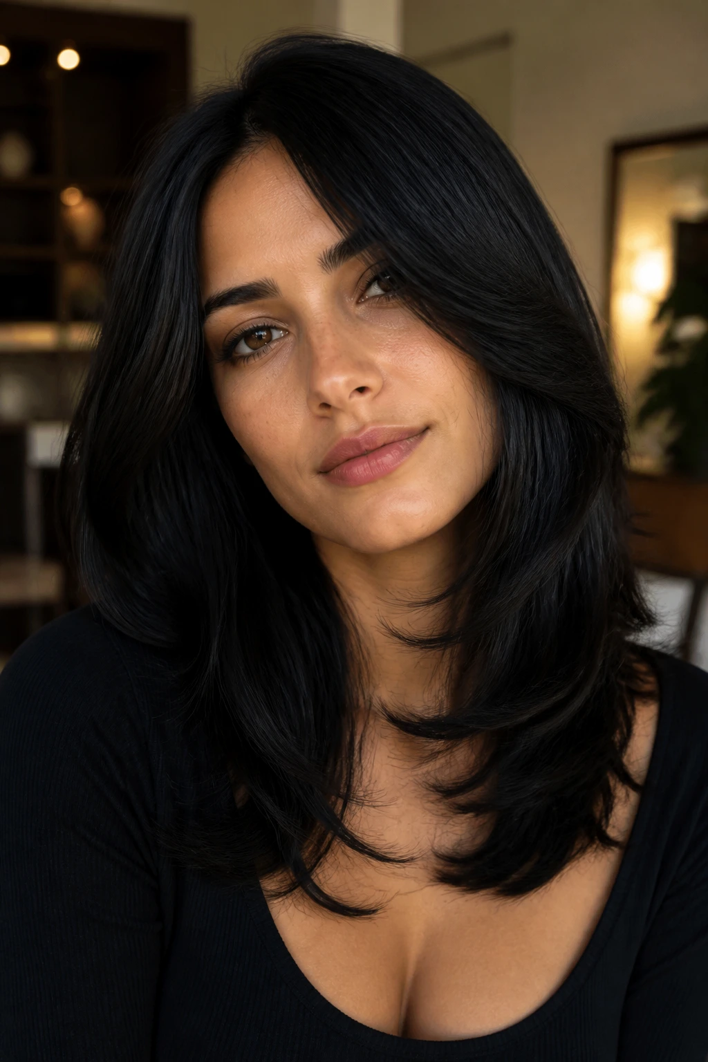 Close-up of a woman with raven-black layered hair catching light