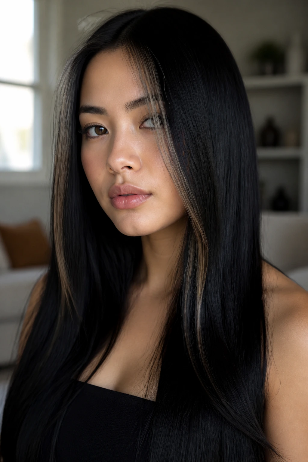 Close-up portrait of a real woman with raven-black hair and light face-framing pieces