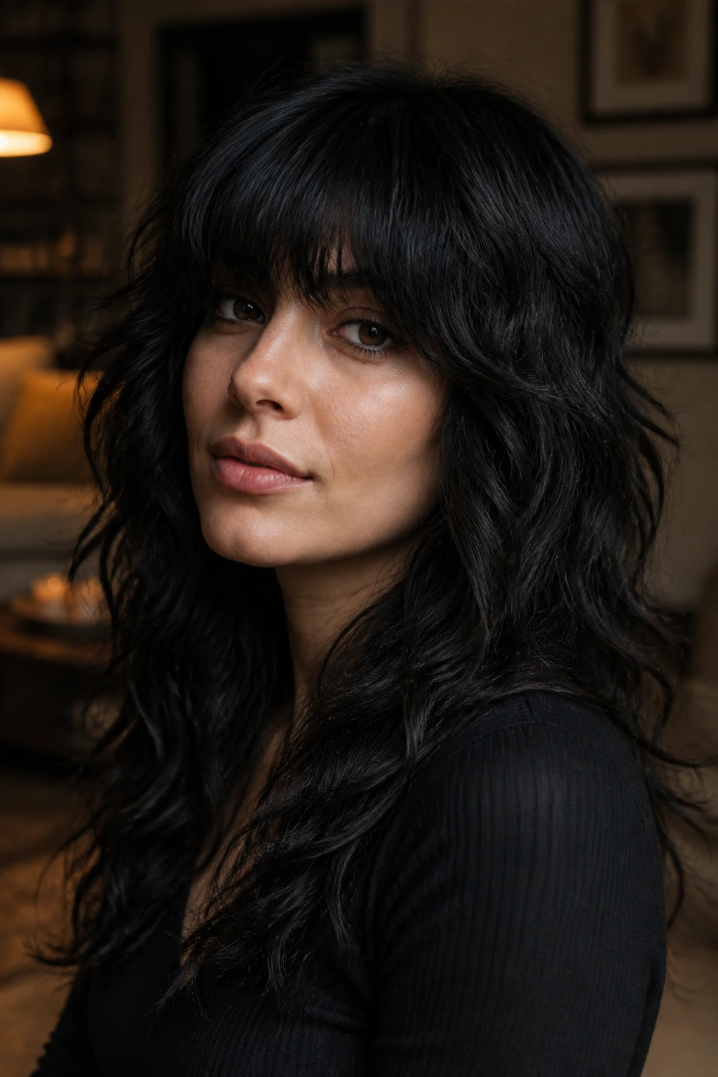 Close-up of raven-black curly shag with dense long bangs