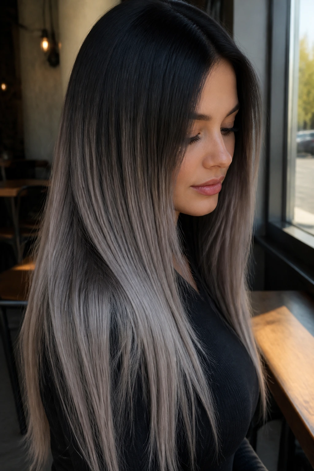 Close-up portrait of a person with raven to silver taupe long hair in soft light