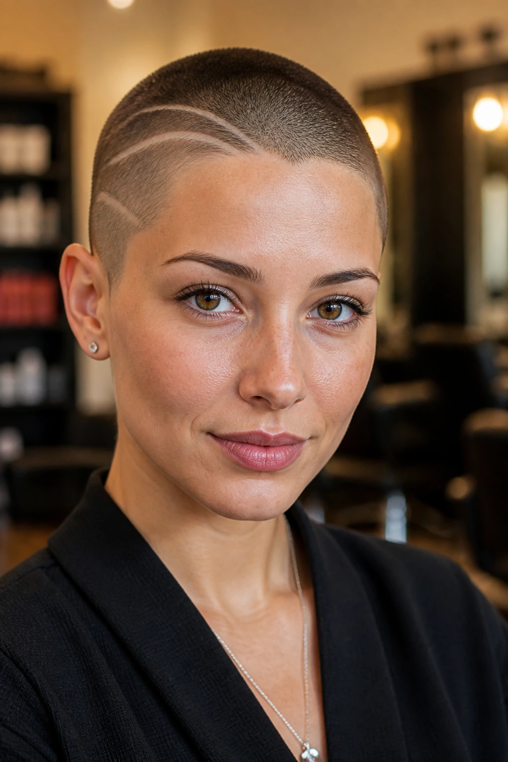 Close-up of a real woman with razor-art buzz design on short hair
