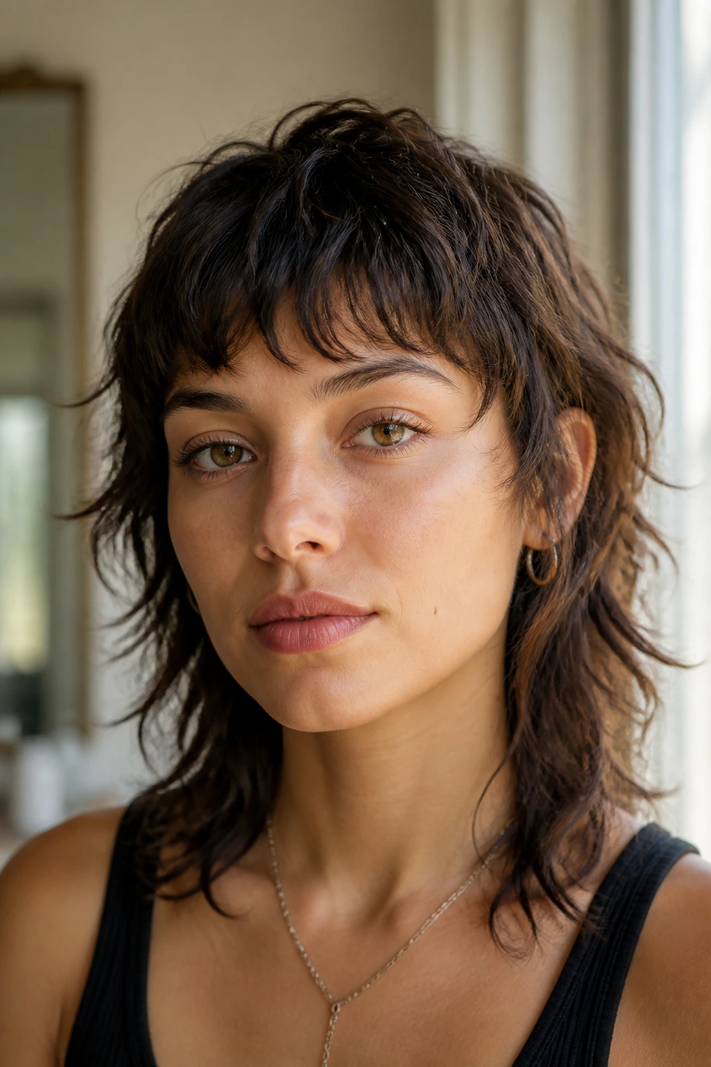 Frontal portrait of a real person with razor-bang mullet