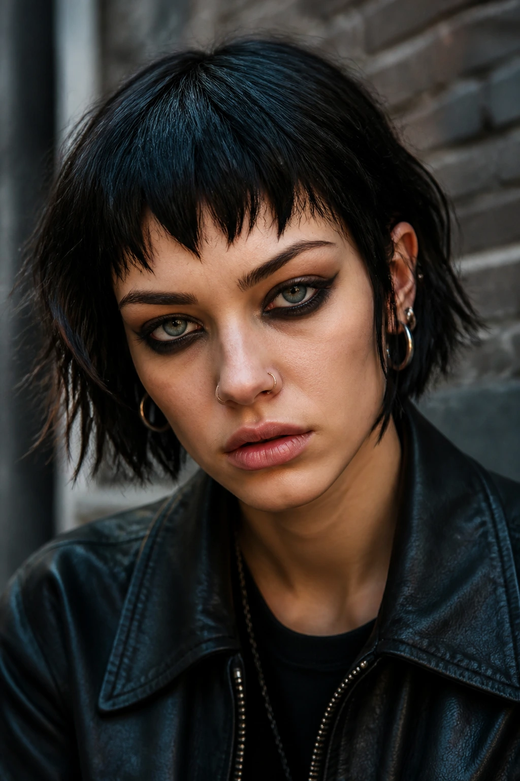 Close-up of a person with jagged razor bangs on short dark hair in moody lighting