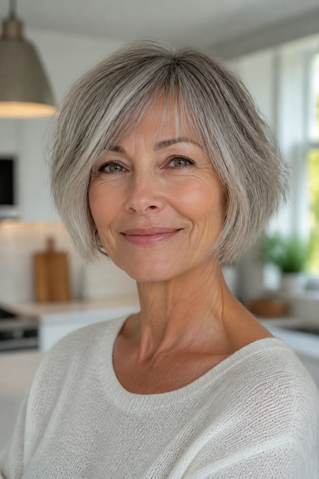 Real woman sporting a razor bob with airy, feathered ends and a clean line.