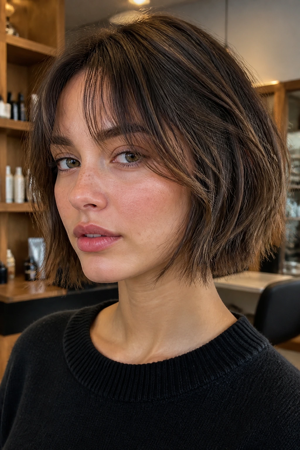 Close-up portrait of a real person with a razor-cut bob and piecey curtain fringe.