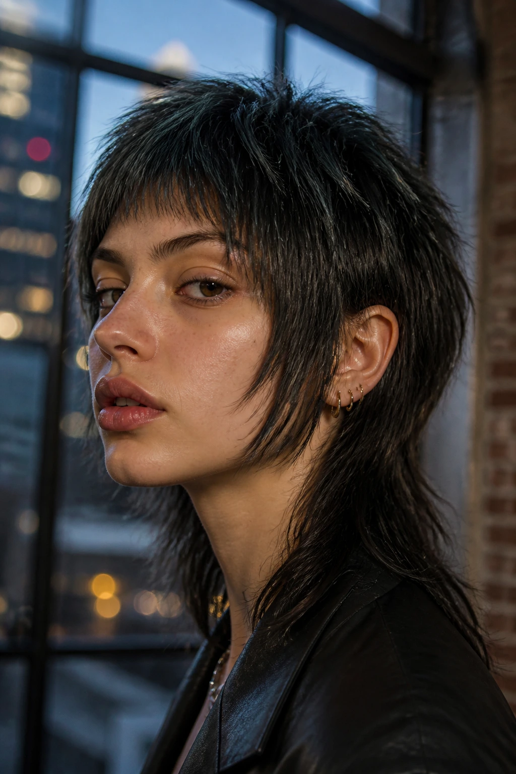 Close-up portrait of a woman with razor bob mullet in moody loft