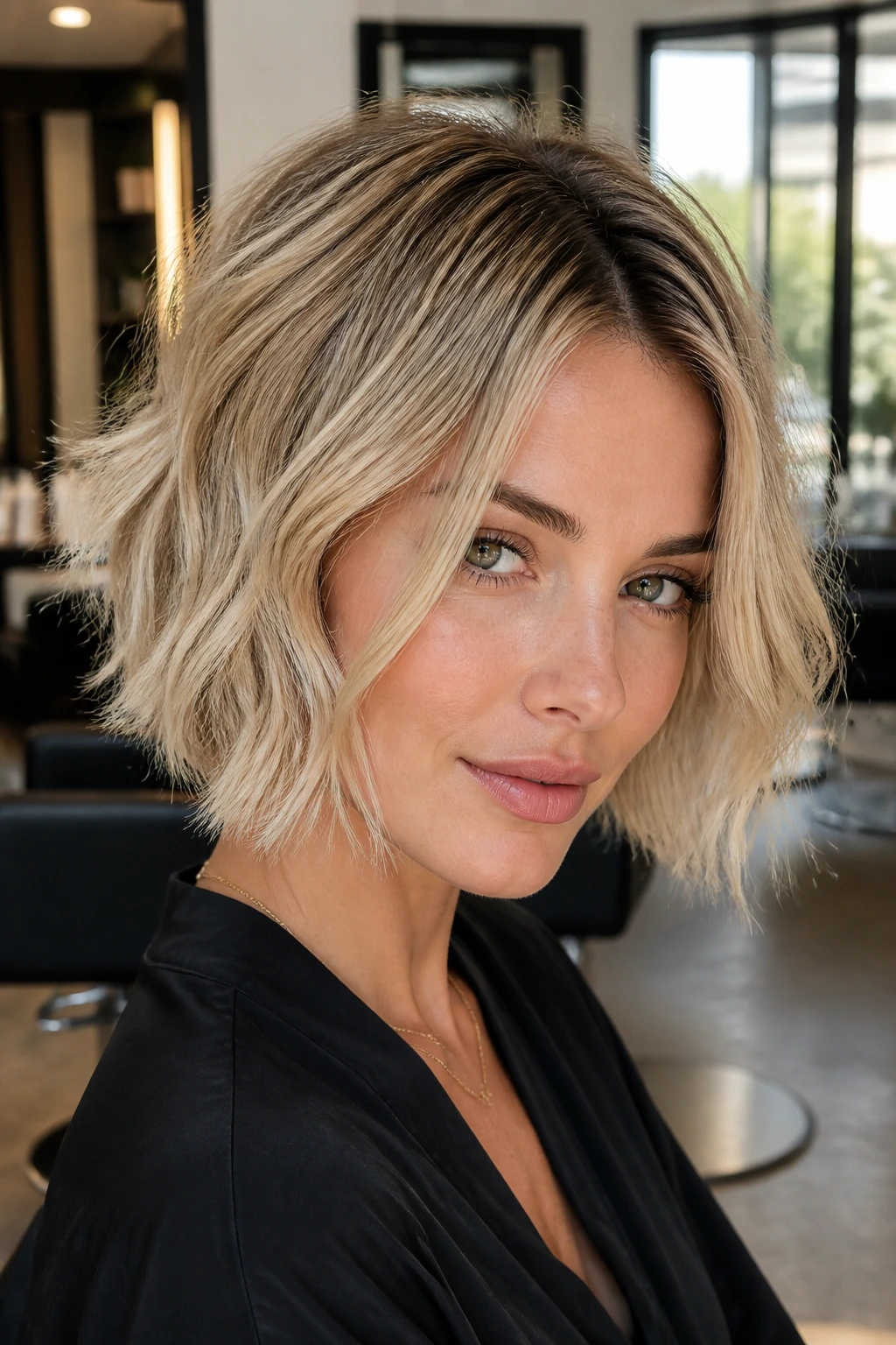 Close-up of real woman with razor-cut bob and root smudge.
