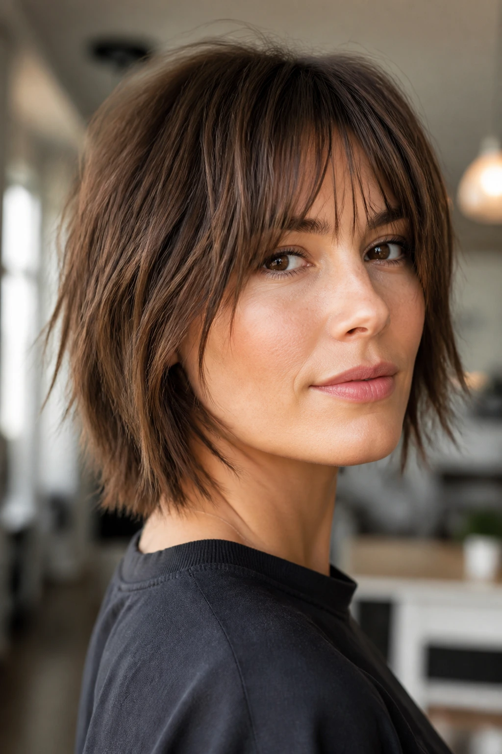 Portrait of a real woman with a razor-textured bob shag