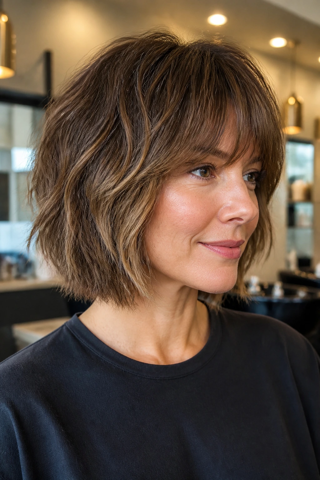 Portrait of a real person with razor bob shag showing beveled ends
