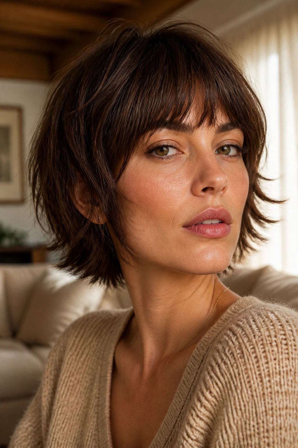 Close-up portrait of a real woman with a razor bob shag hairstyle