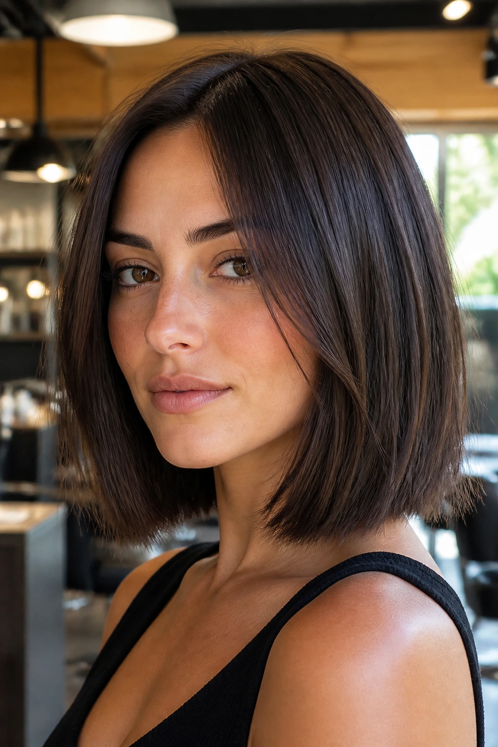 Close-up of real person with shoulder-grazing razor bob.