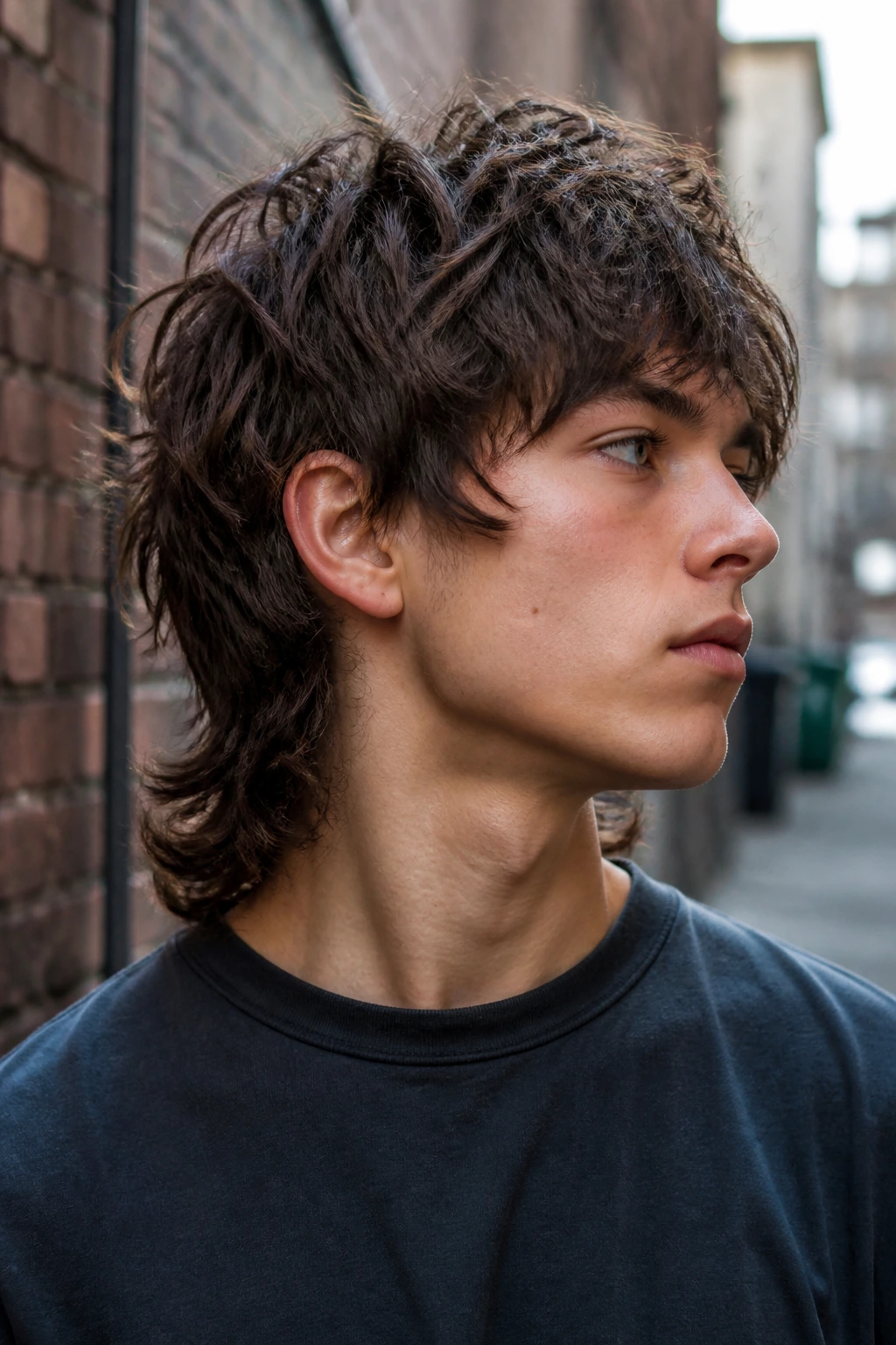 Close-up of a real person with razor-broken shullet in an urban setting