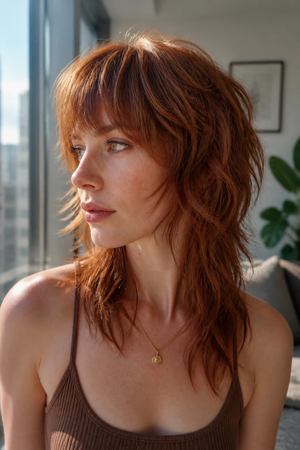 Close-up portrait of a real woman with razor-textured copper wolf cut featuring feathered ends