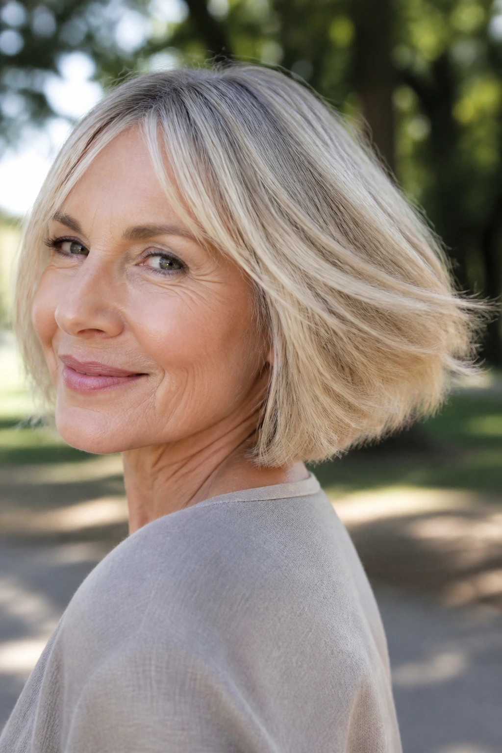 Close-up of real woman with razor-cut hairstyle showing airy movement in hair.