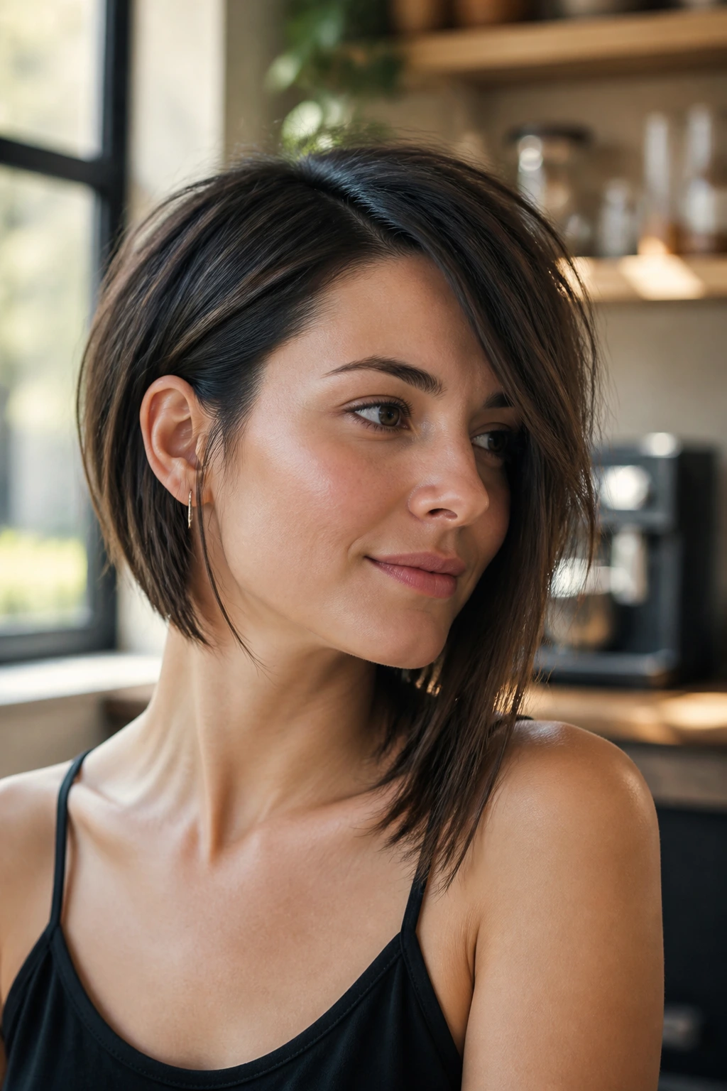Close-up of a person with a razor-cut asymmetrical lob hairstyle