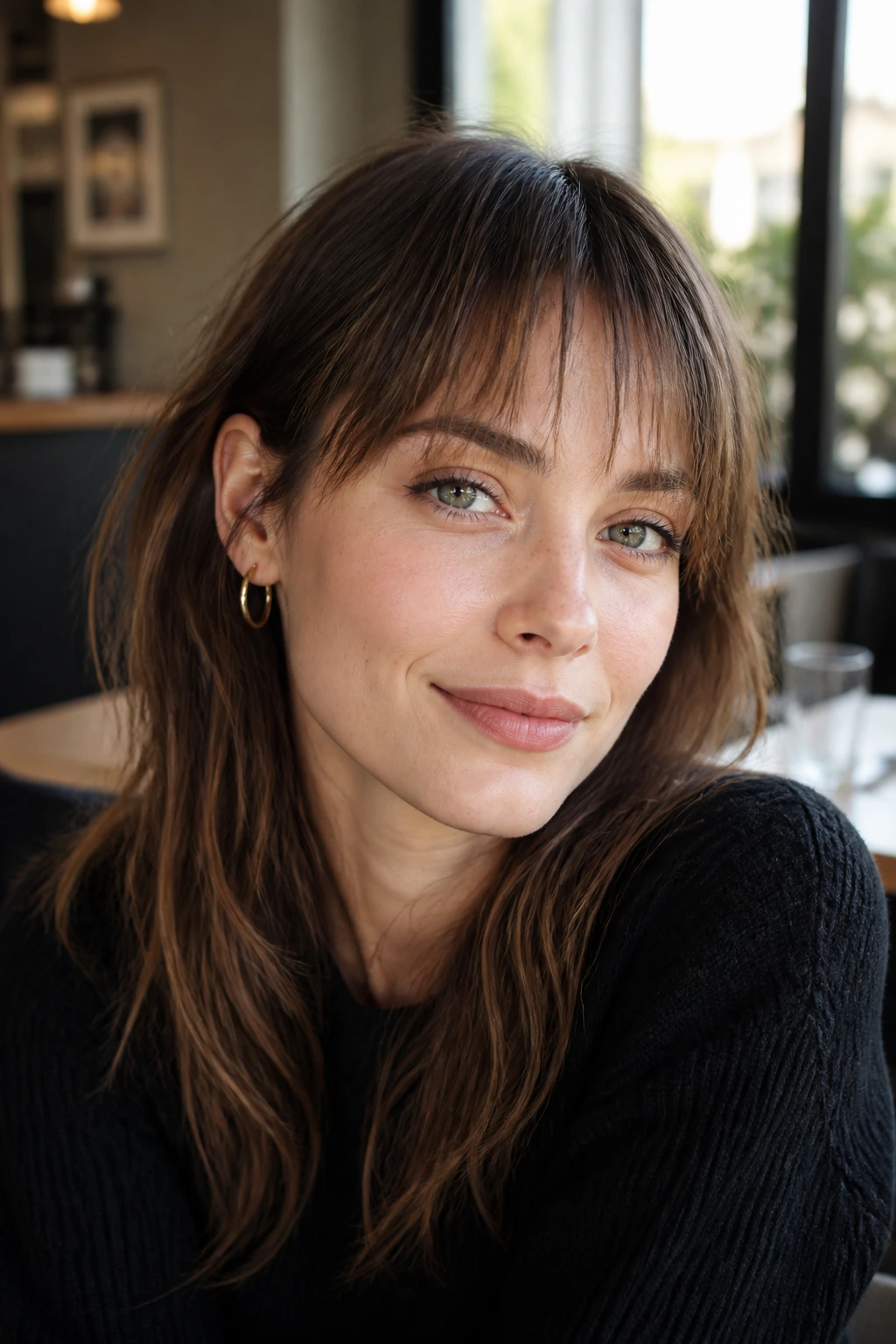Portrait of a woman with razor-cut bangs and frayed ends in cafe daylight