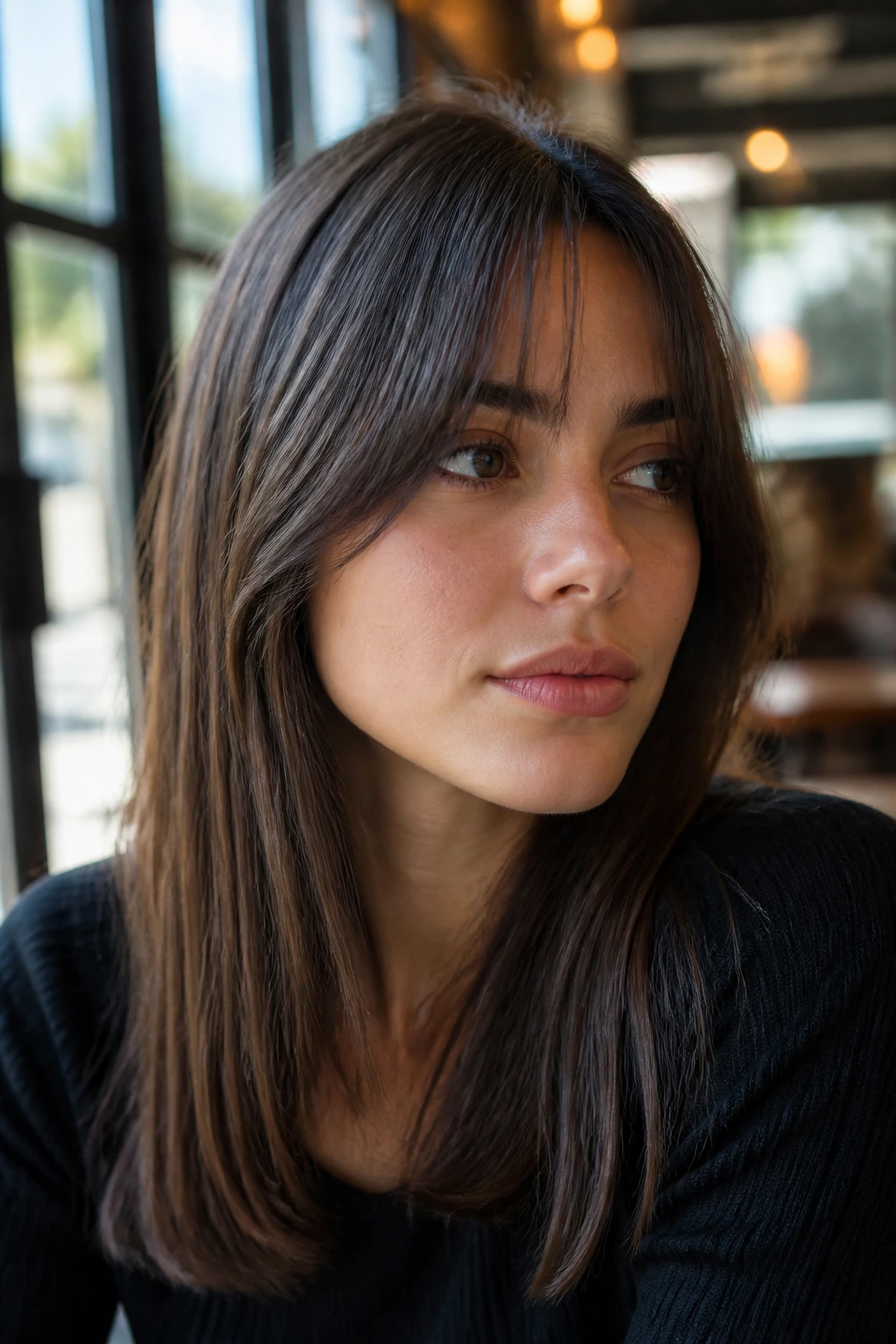 Close-up portrait of a woman with razor-cut straight bangs and center part