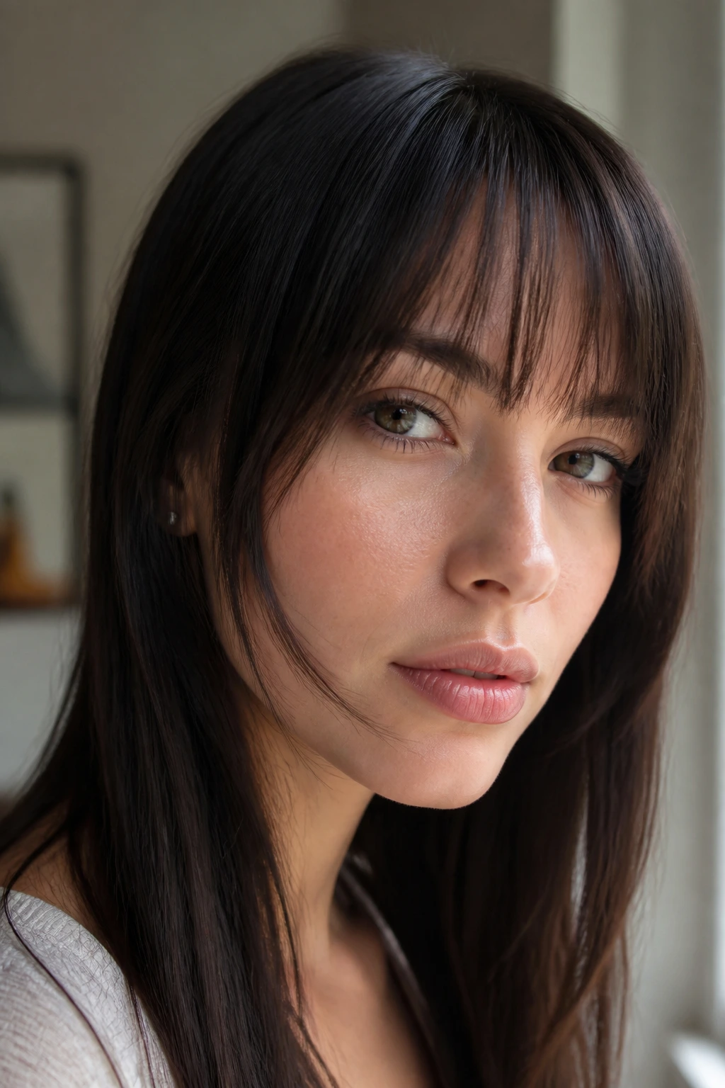 Close-up of a real person with razor-cut bangs and soft taper