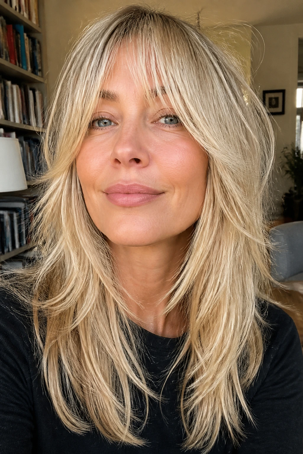 Close-up of a blonde with razor-cut, wispy ends