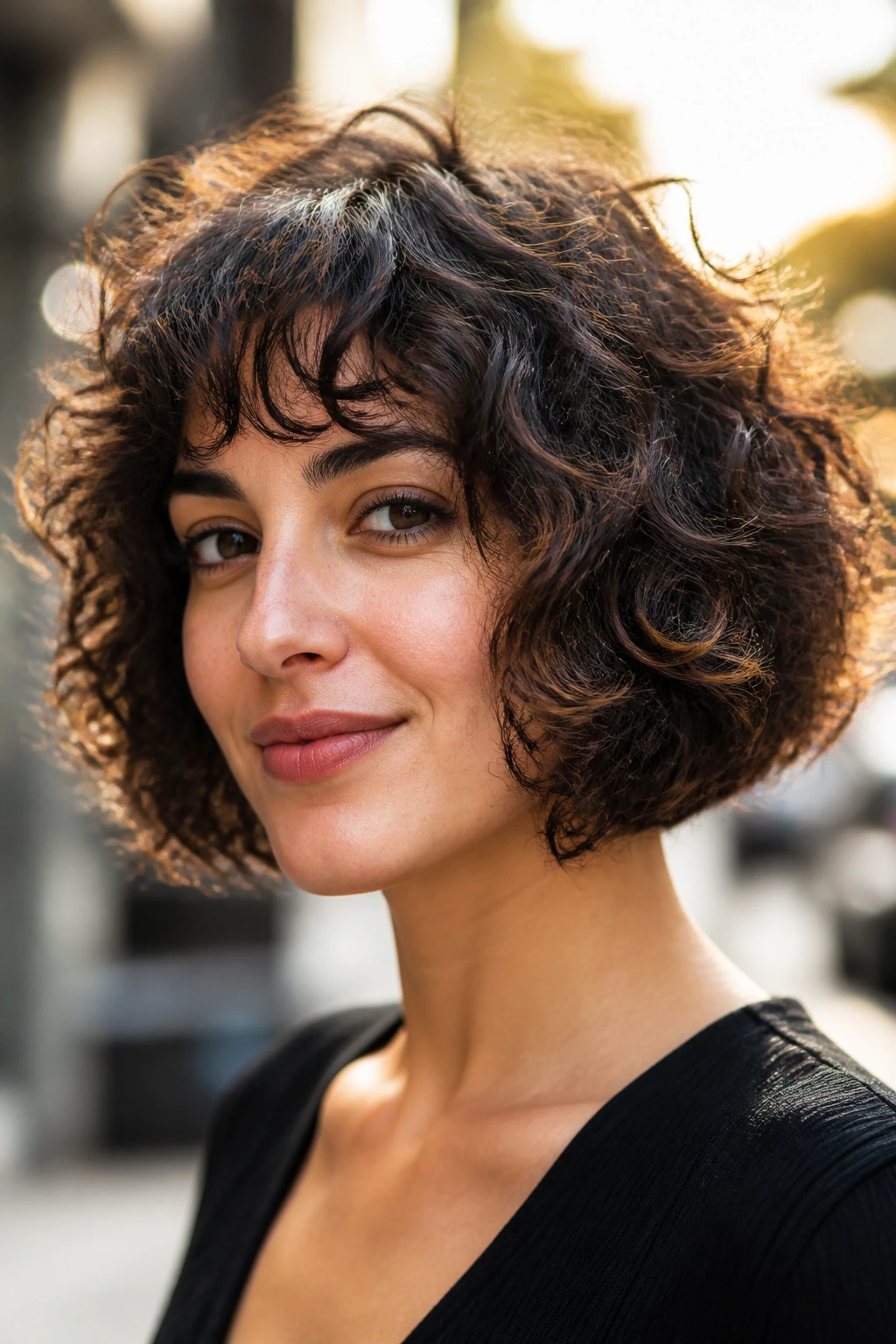 Close-up portrait of a real woman with a razor-cut bob and feathered ends