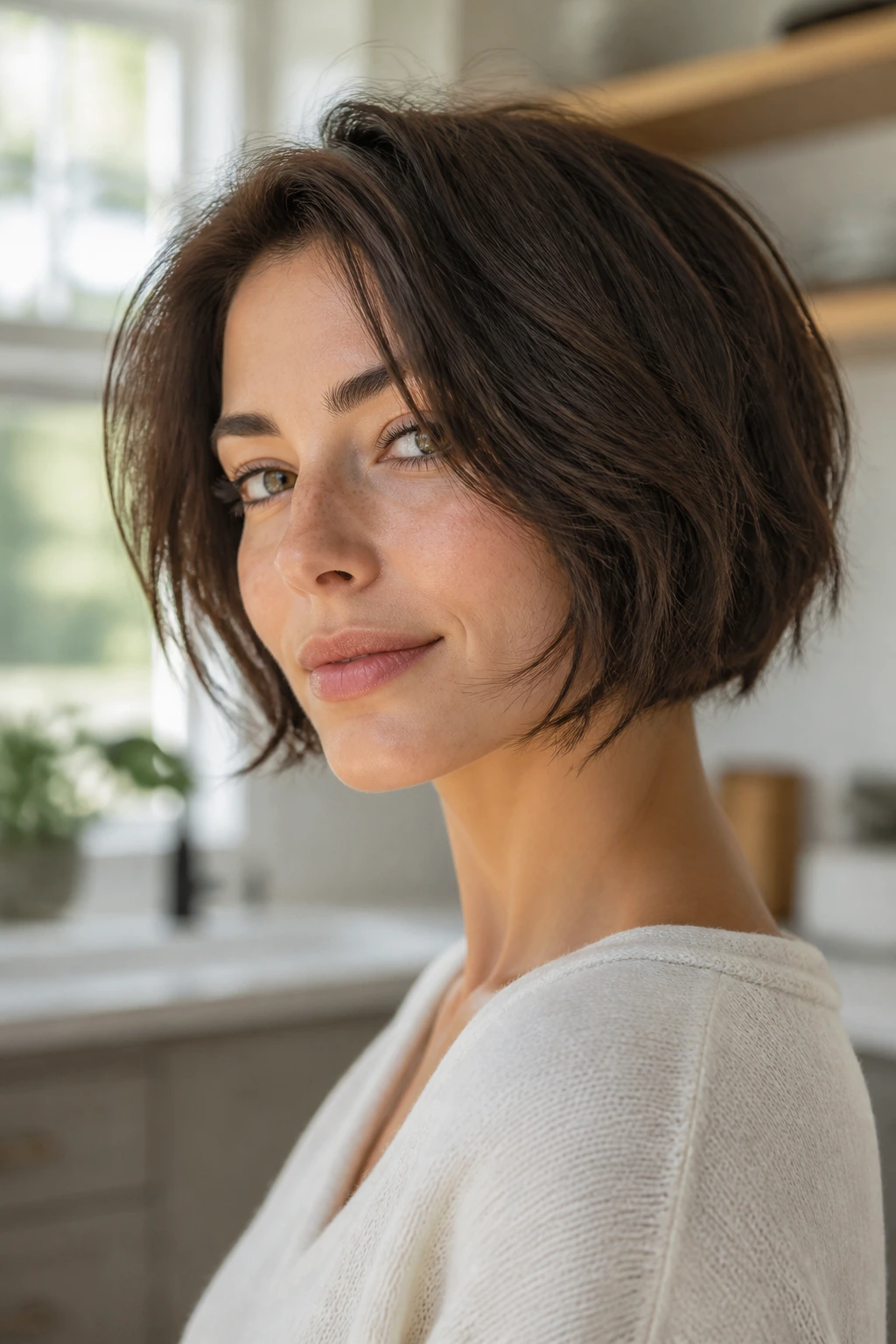 Close-up portrait of a real woman with a razor-cut bob
