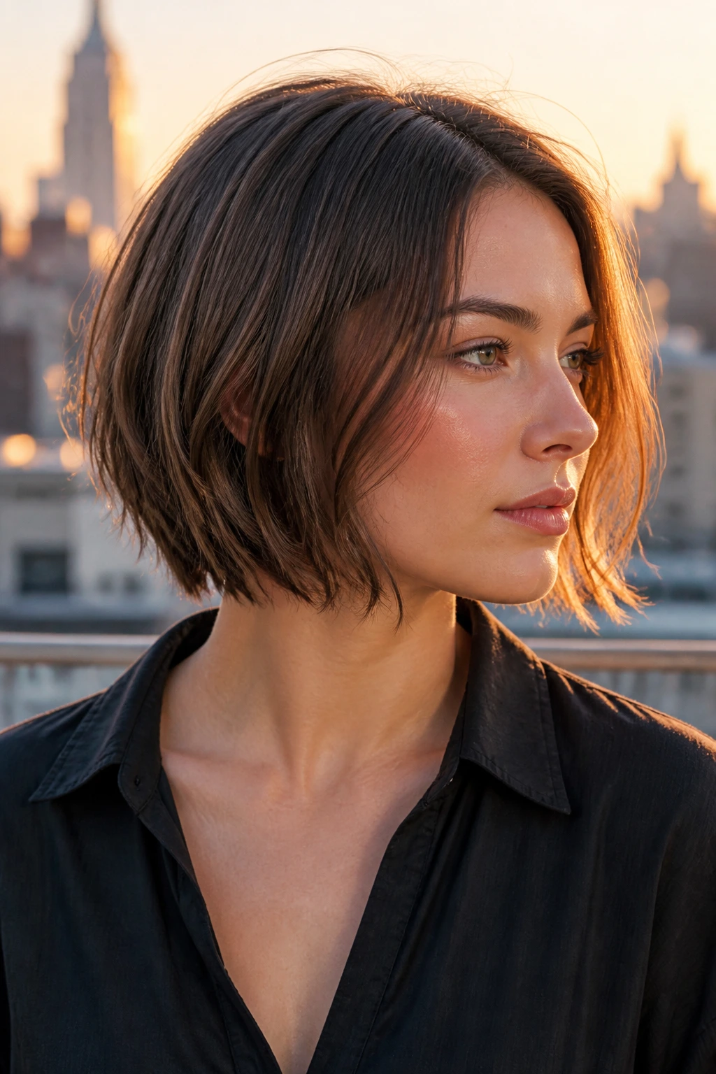 Real person with razor-cut bob showing crisp edges and movement