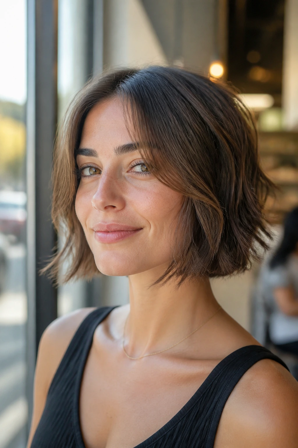Close-up of a real woman with a razor-cut bob and airy ends