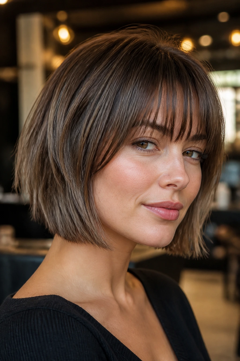 Close-up of a real woman with razor-cut bob and brow-skimming fringe in a salon
