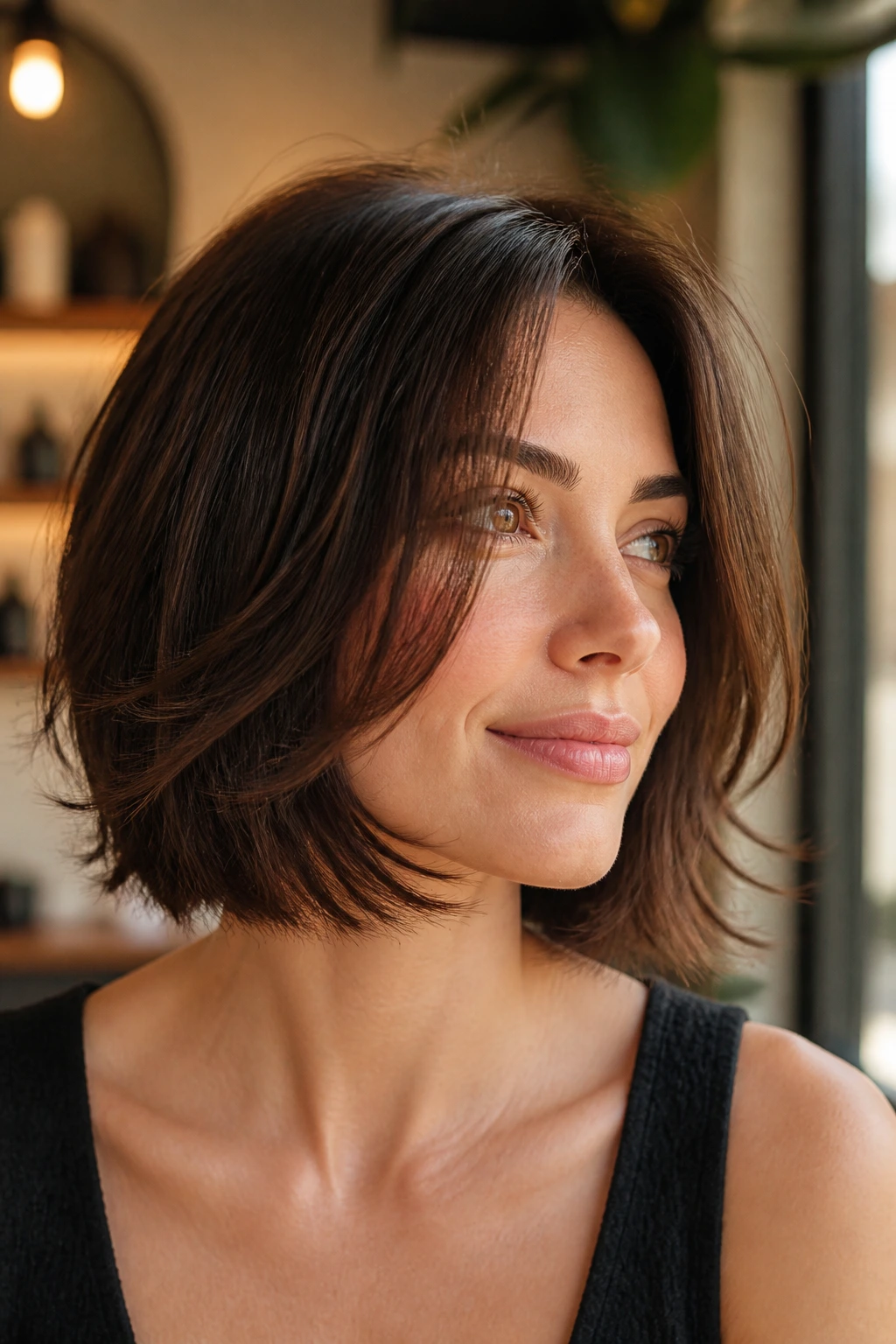 Close-up portrait of a real woman with a razor-cut bob and feathered ends in warm light