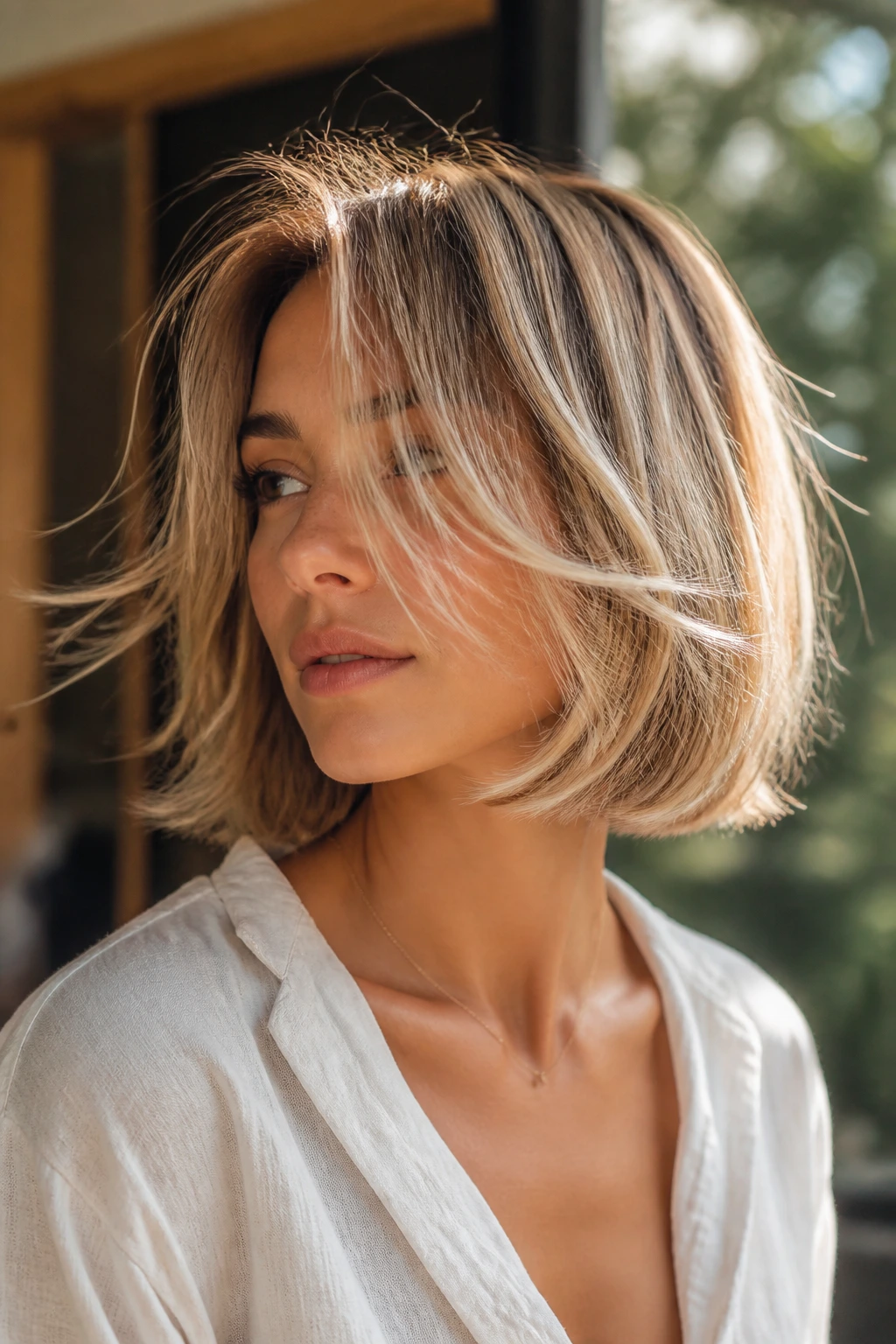 Close-up portrait of a woman with razor-cut bob feathered ends in a sunlit room
